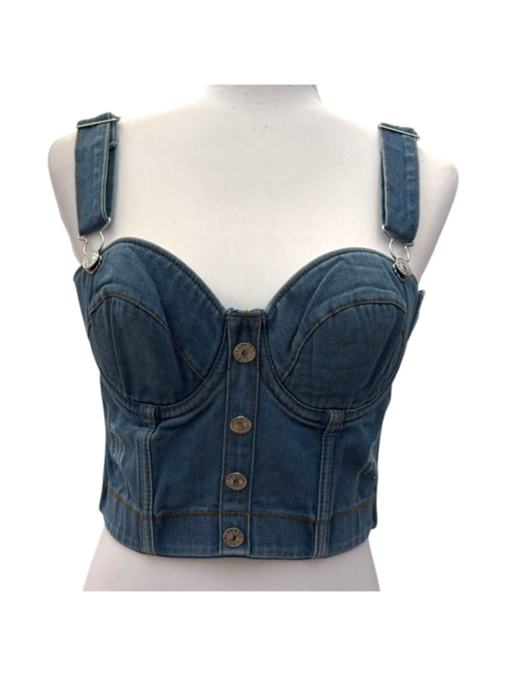 Y2K Denim Bustier Crop Top Corset Button Front Blue Jean Top L - Picture 2 of 5